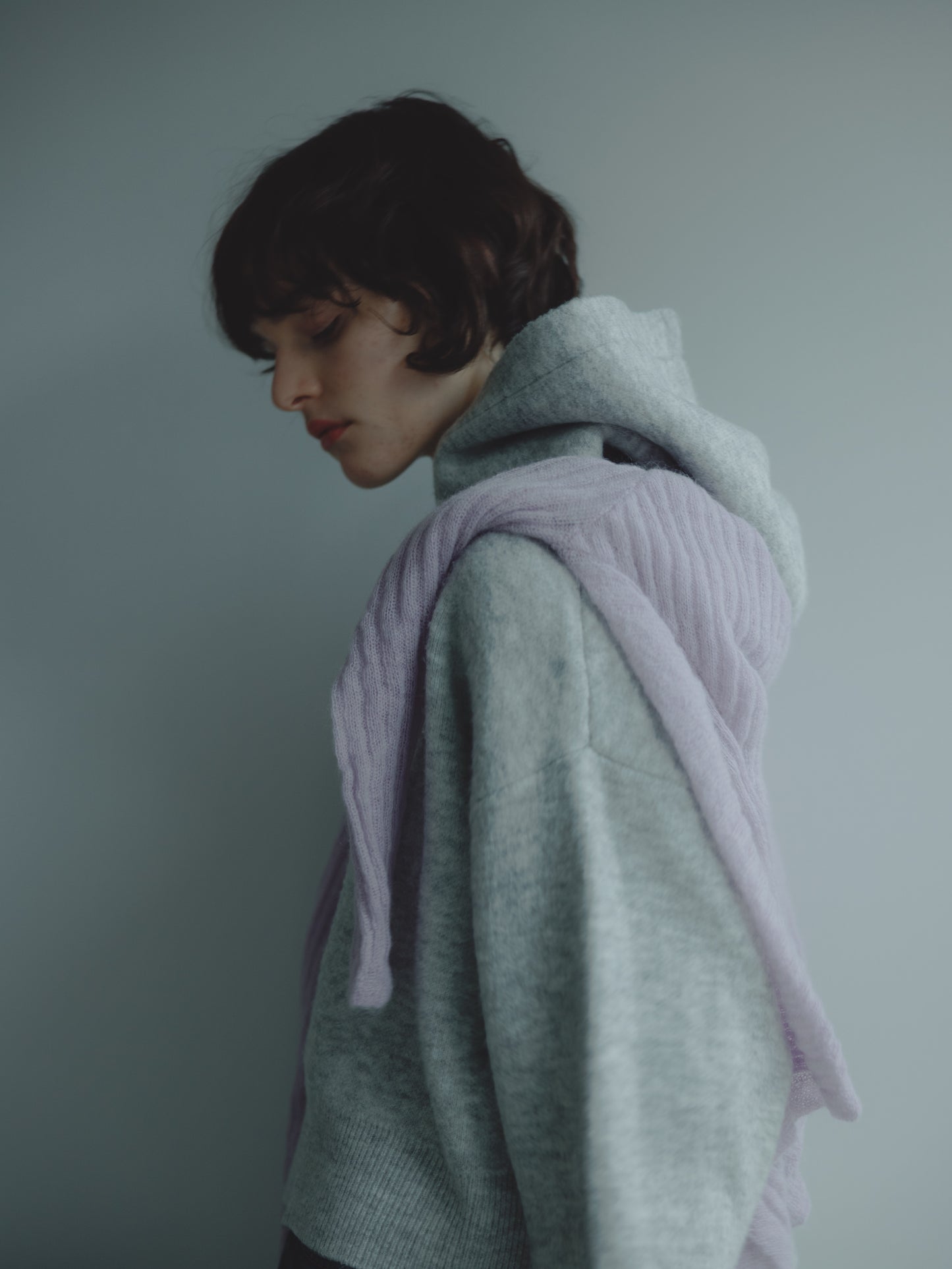 SHORT KNIT HOODIE/GRAY