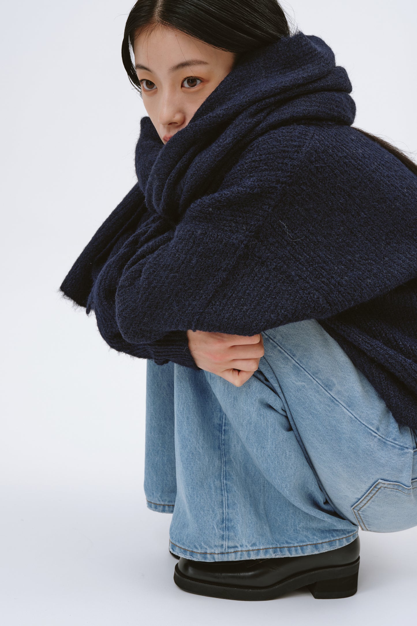 OVER SIZE KNIT WITH MUFFLER/NAVY