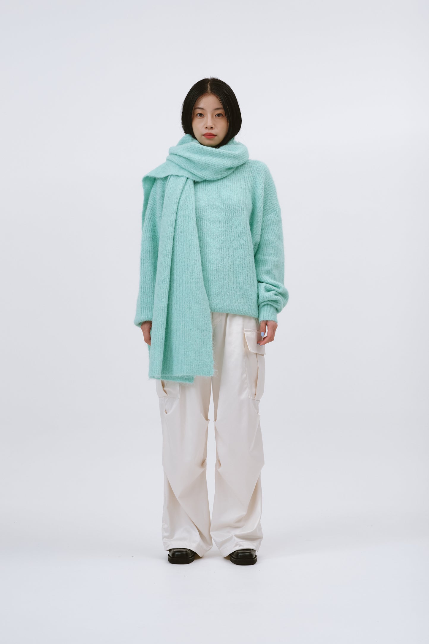 OVER SIZE KNIT WITH MUFFLER/GREEN