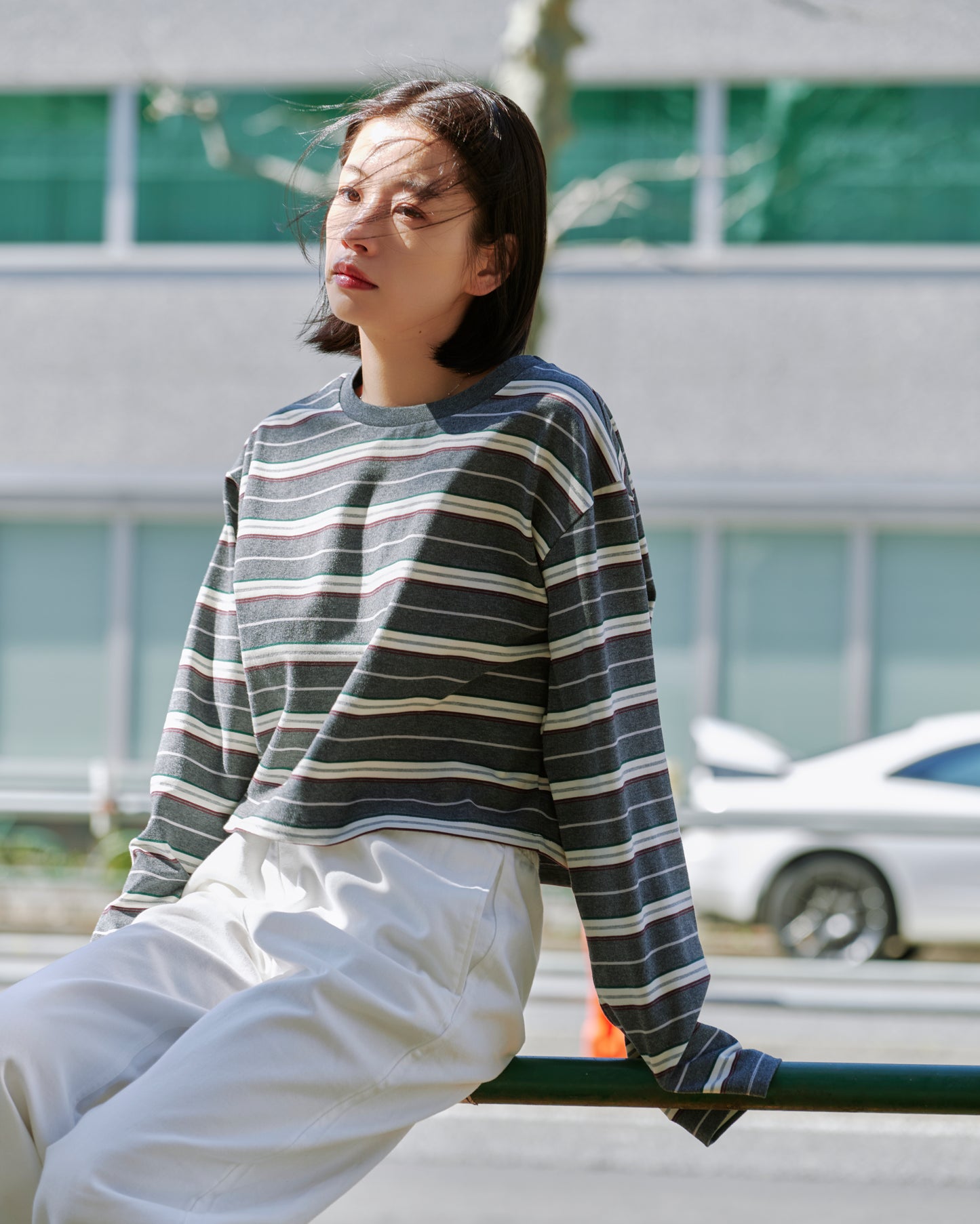 BORDER TEE/D.GRY