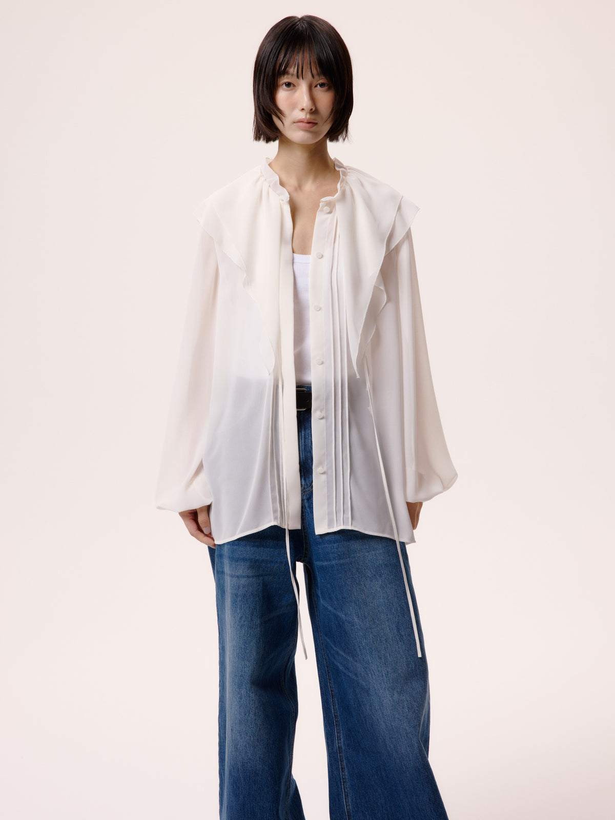 LACE FRILL SHEER BLOUSE/WHITE