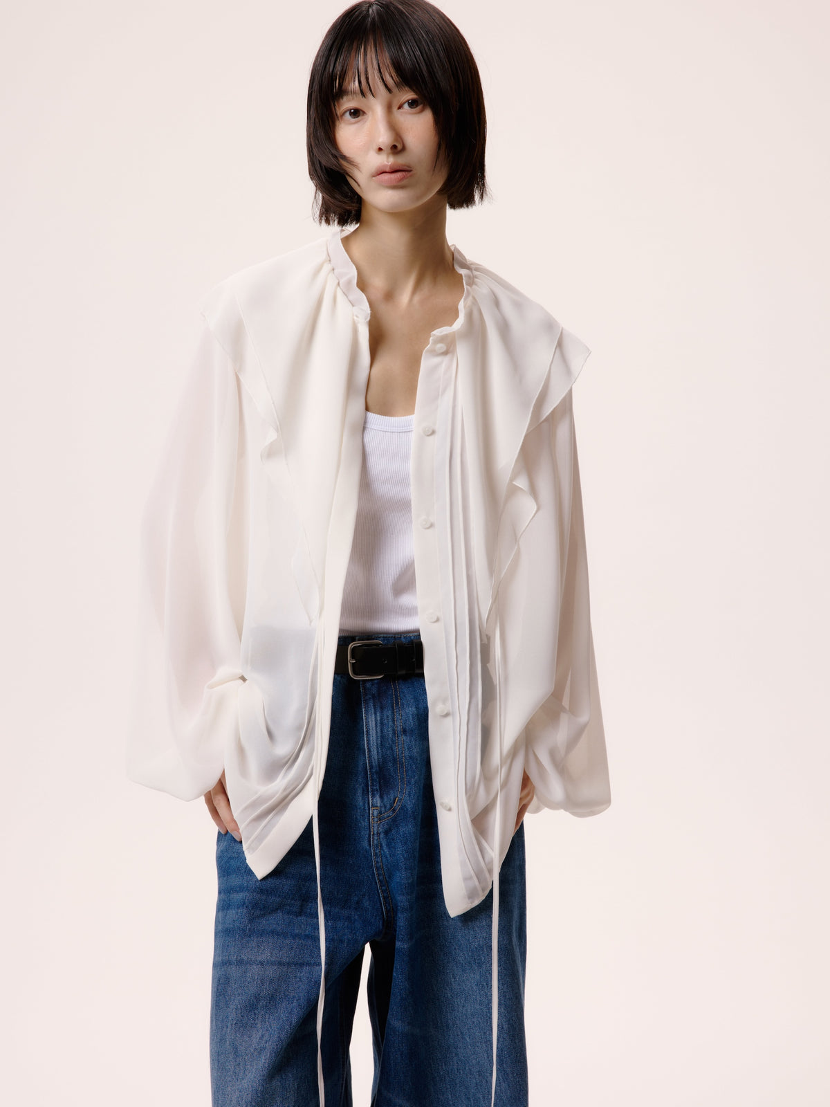 LACE FRILL SHEER BLOUSE/WHITE