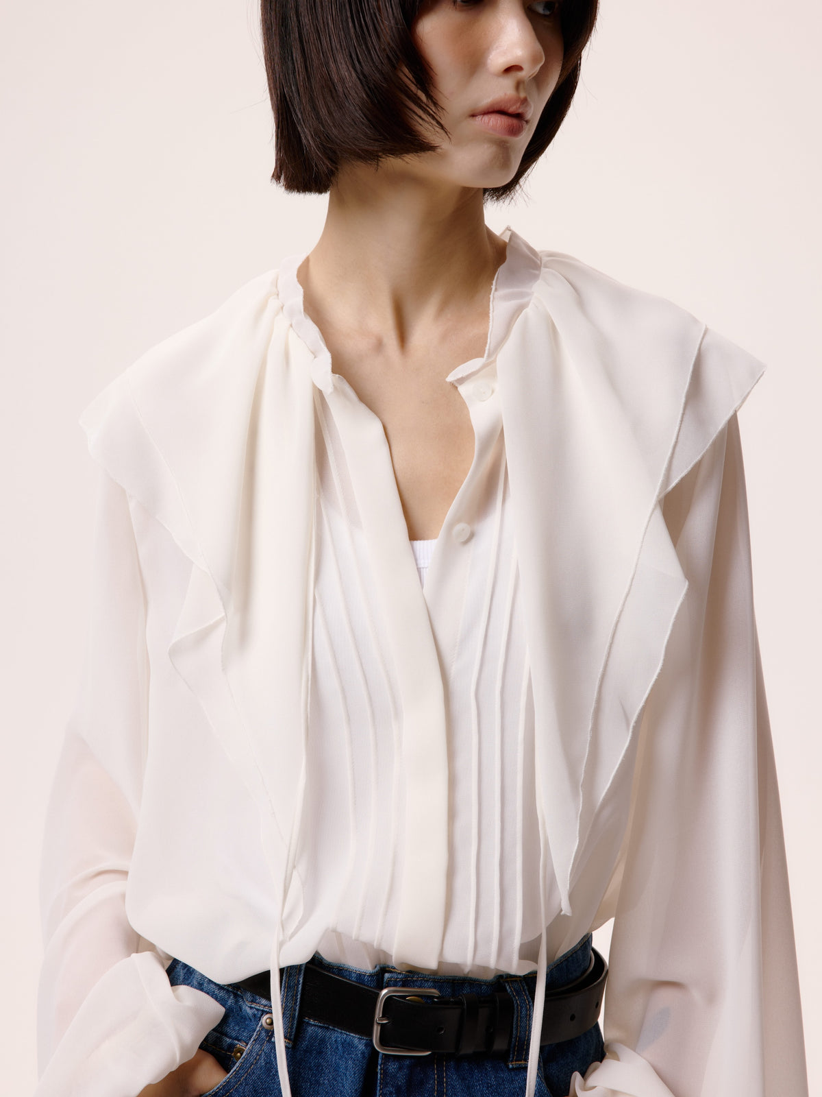 LACE FRILL SHEER BLOUSE/WHITE