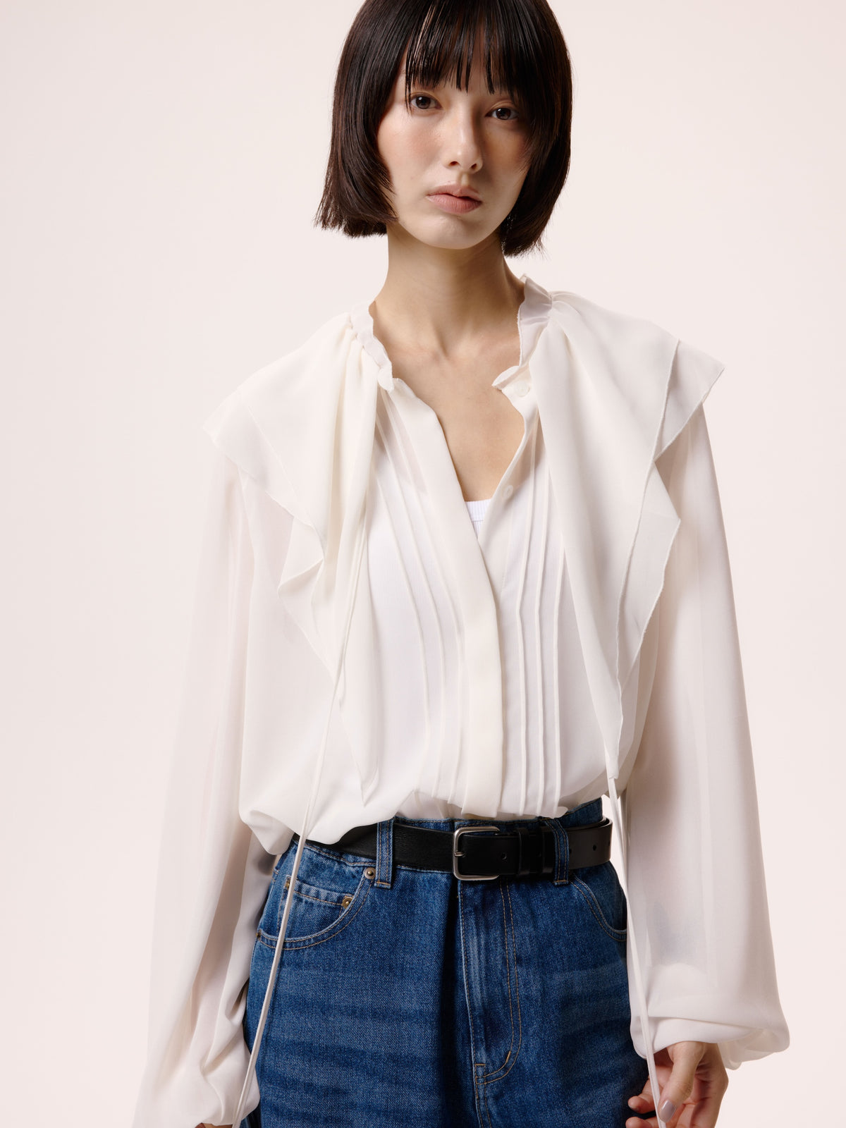 LACE FRILL SHEER BLOUSE/WHITE