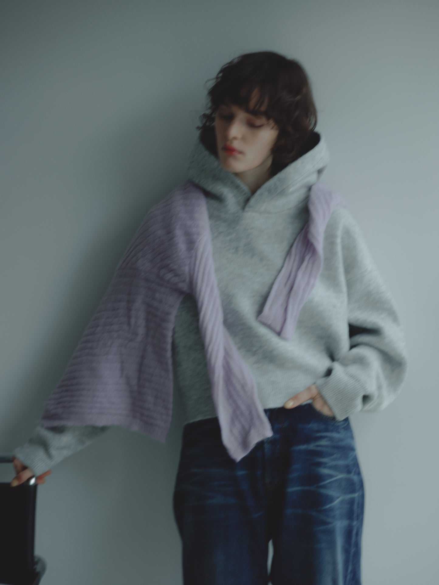 SHORT KNIT HOODIE/GRAY