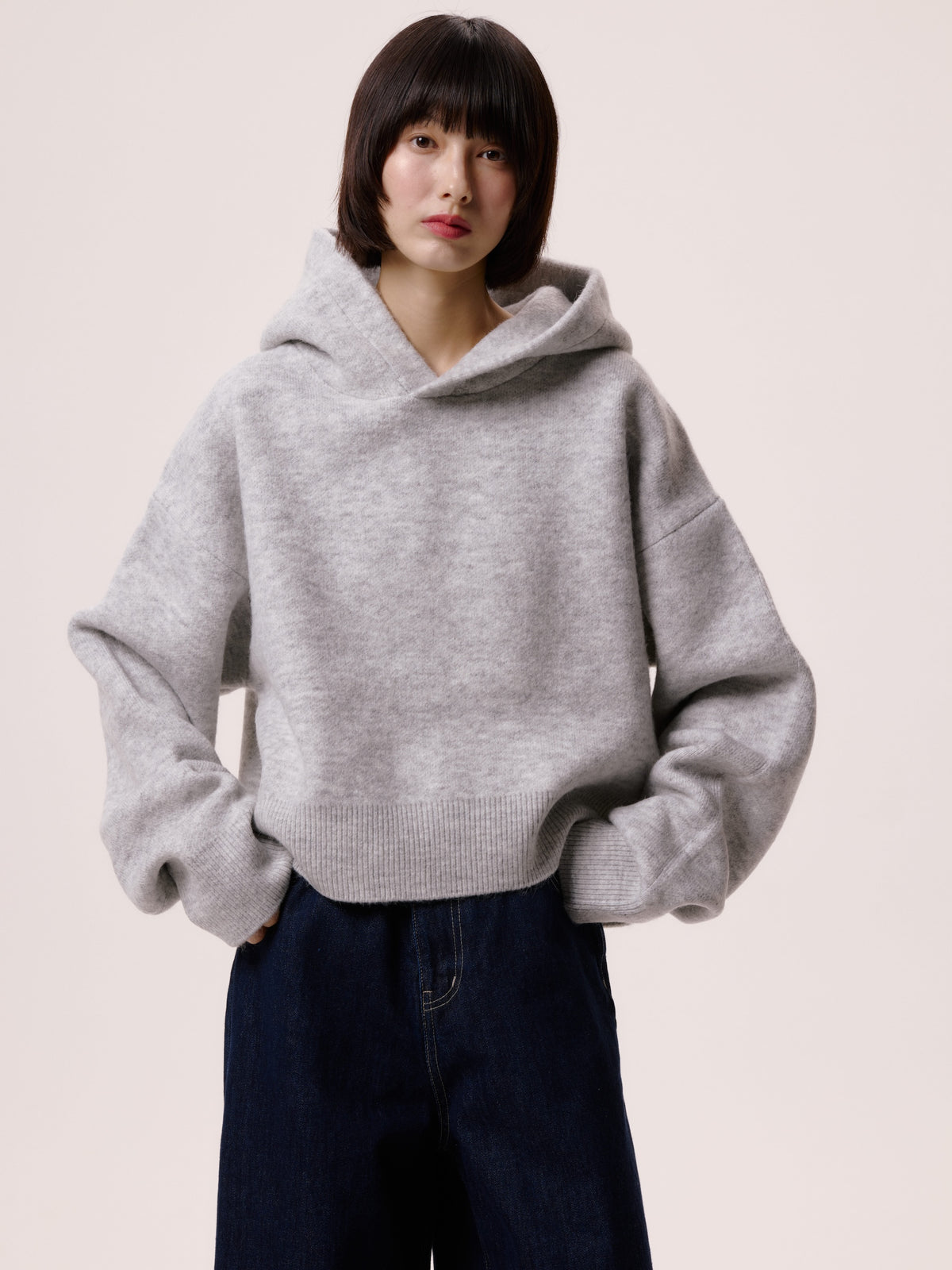 SHORT KNIT HOODIE/GRAY