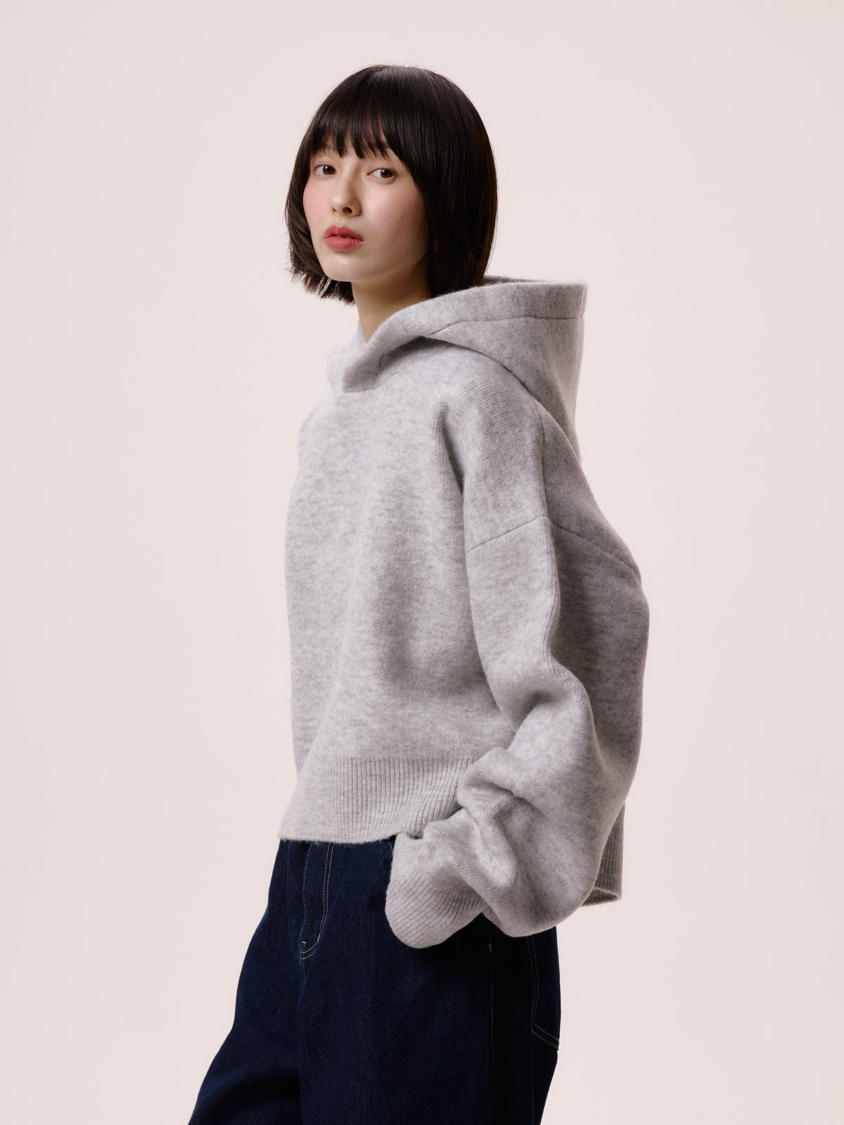 SHORT KNIT HOODIE/GRAY