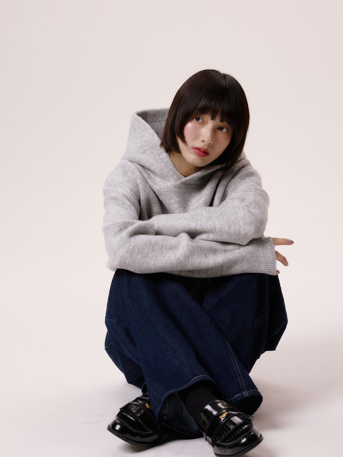 SHORT KNIT HOODIE/GRAY