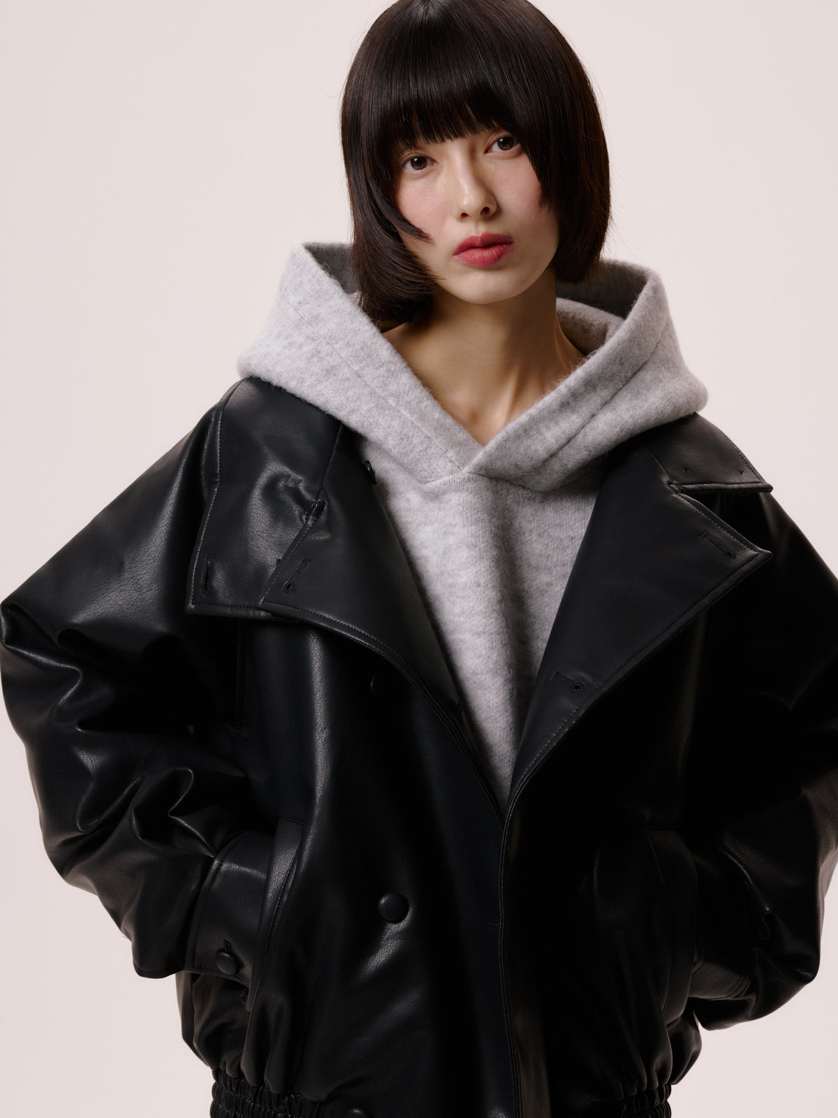 SHORT KNIT HOODIE/GRAY