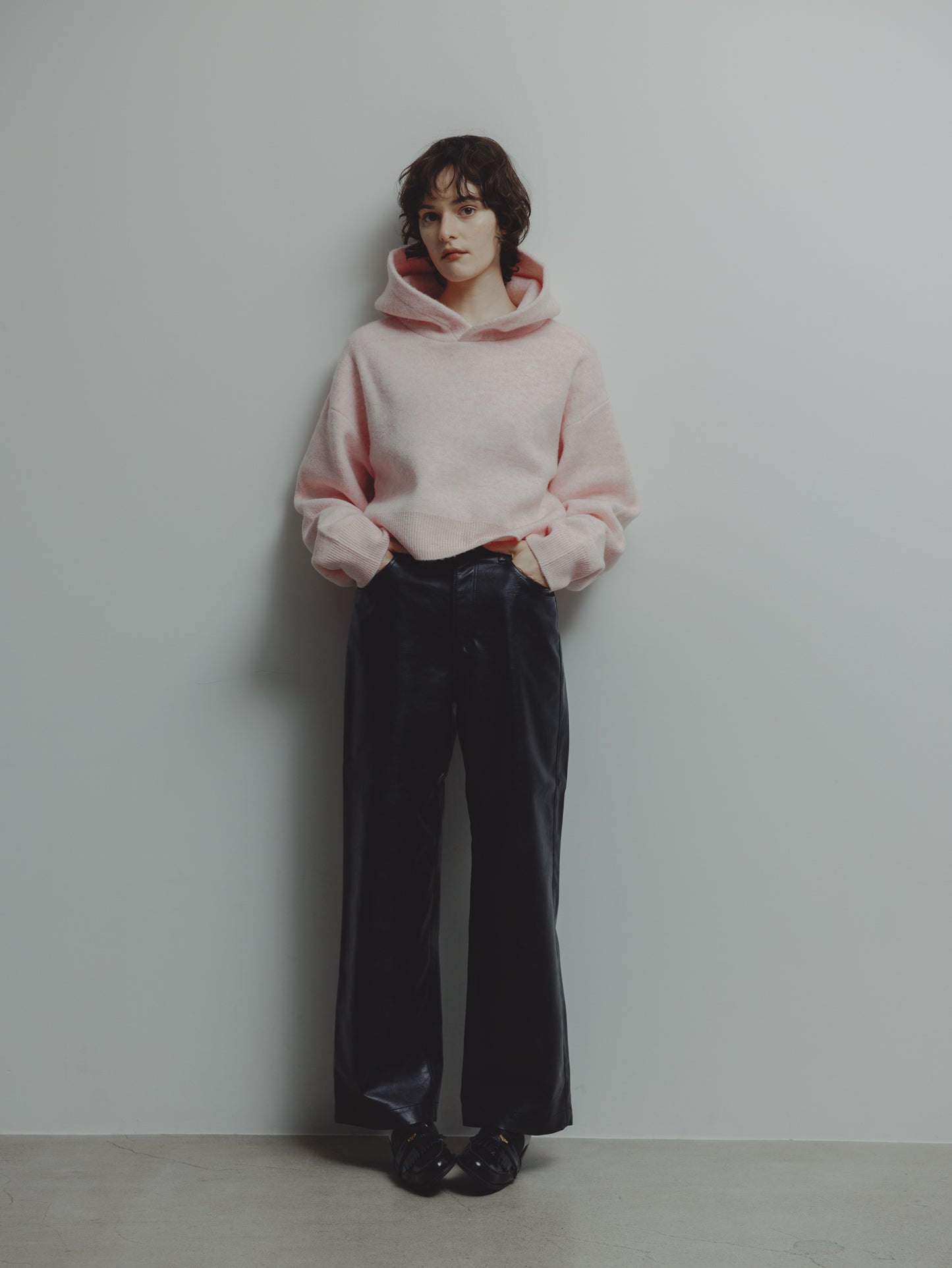 SHORT KNIT HOODIE/PINK