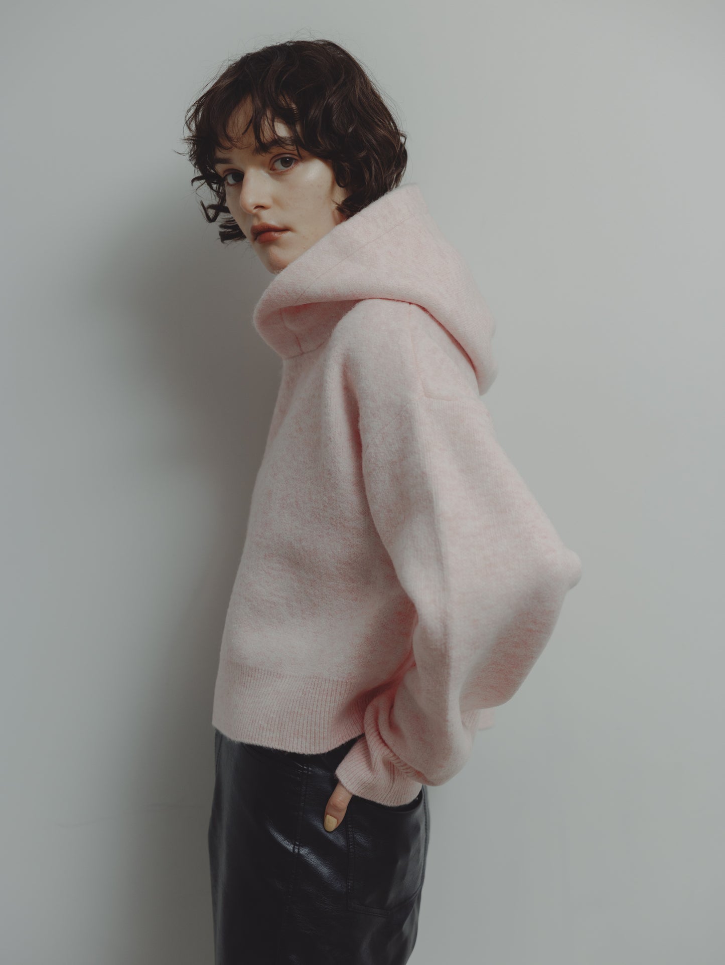 SHORT KNIT HOODIE/PINK