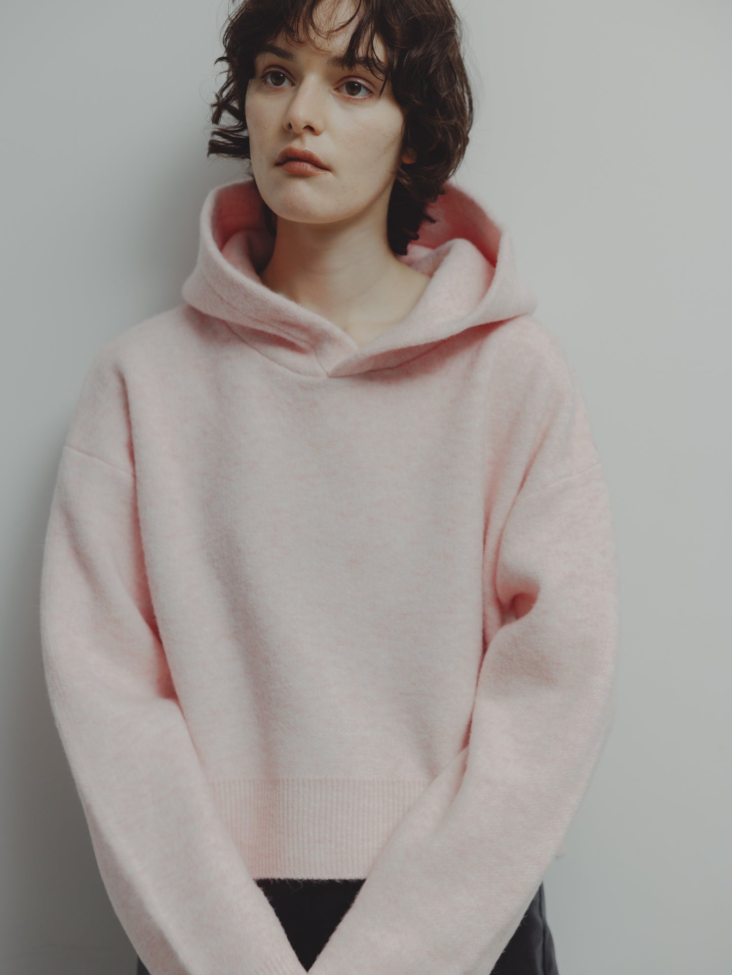 SHORT KNIT HOODIE/PINK