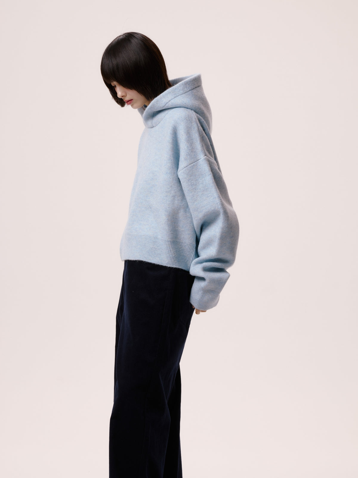 SHORT KNIT HOODIE/BLUE