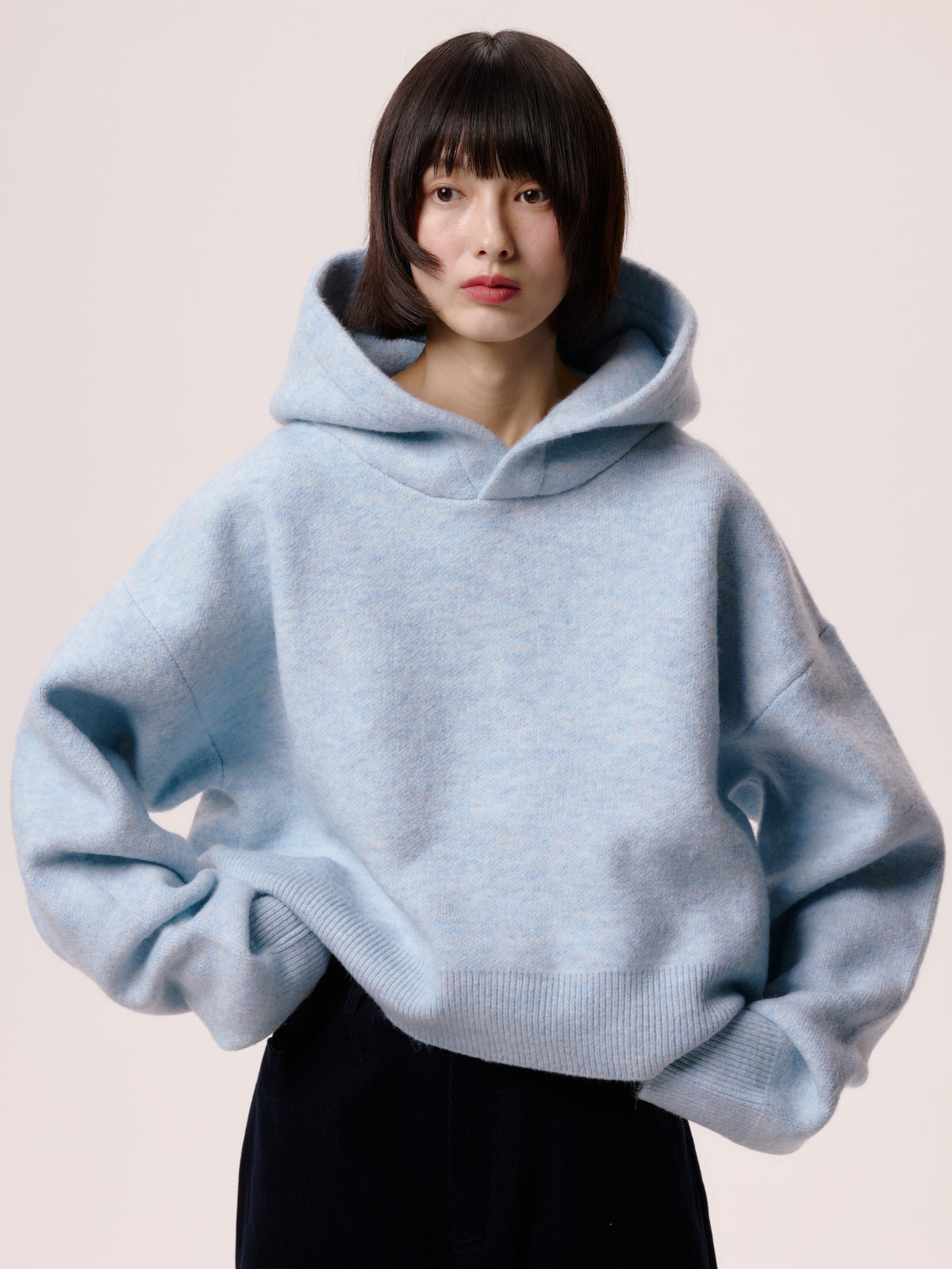 SHORT KNIT HOODIE/BLUE