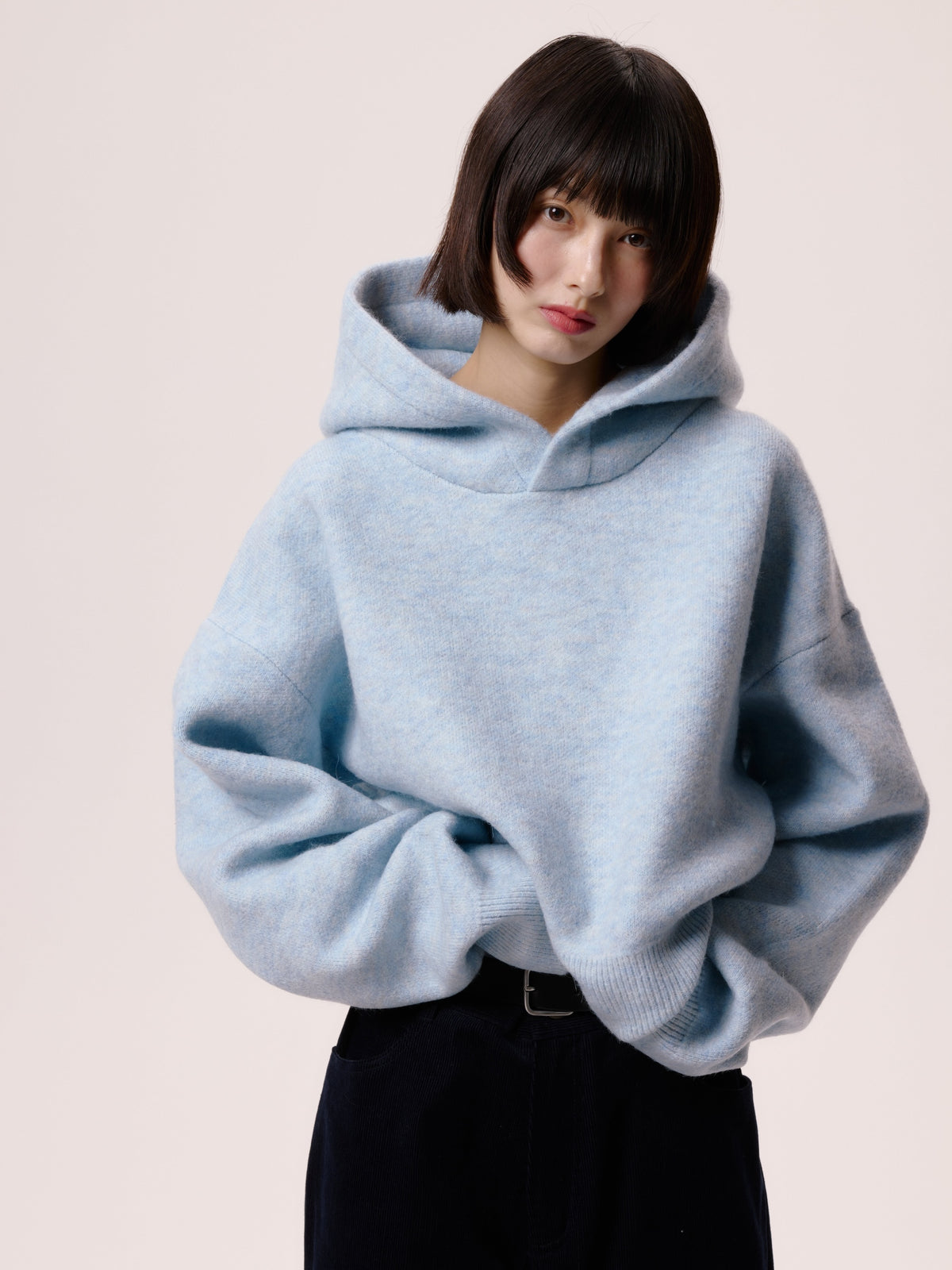 SHORT KNIT HOODIE/BLUE