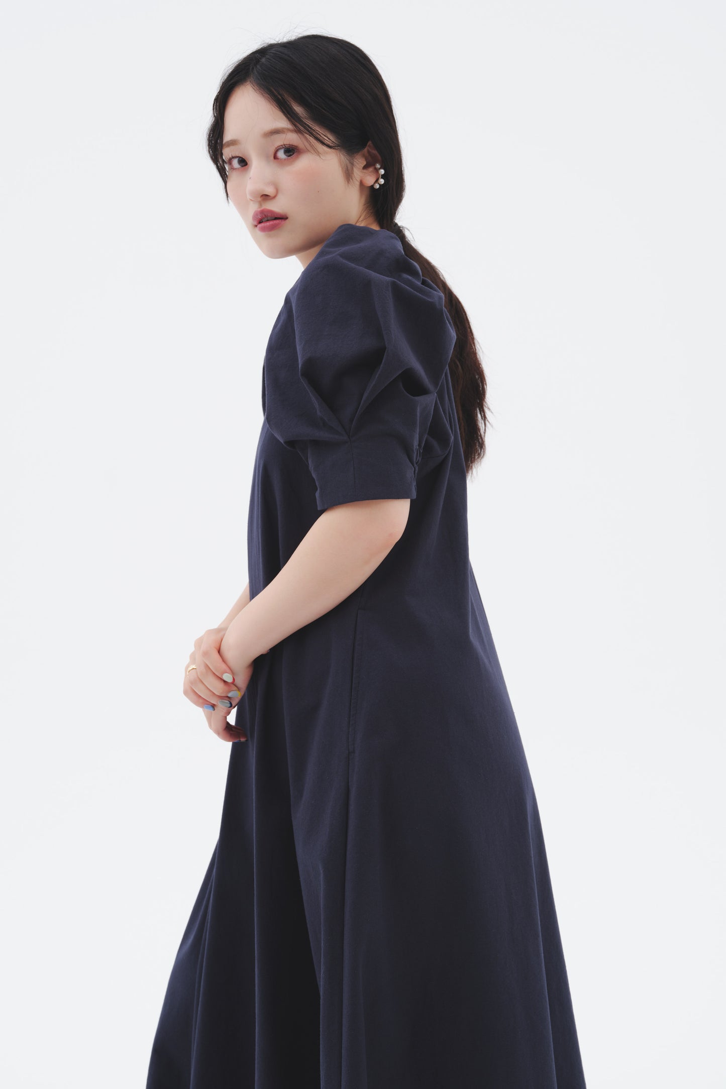 VOLUME SLEEVE DRESS/NAVY