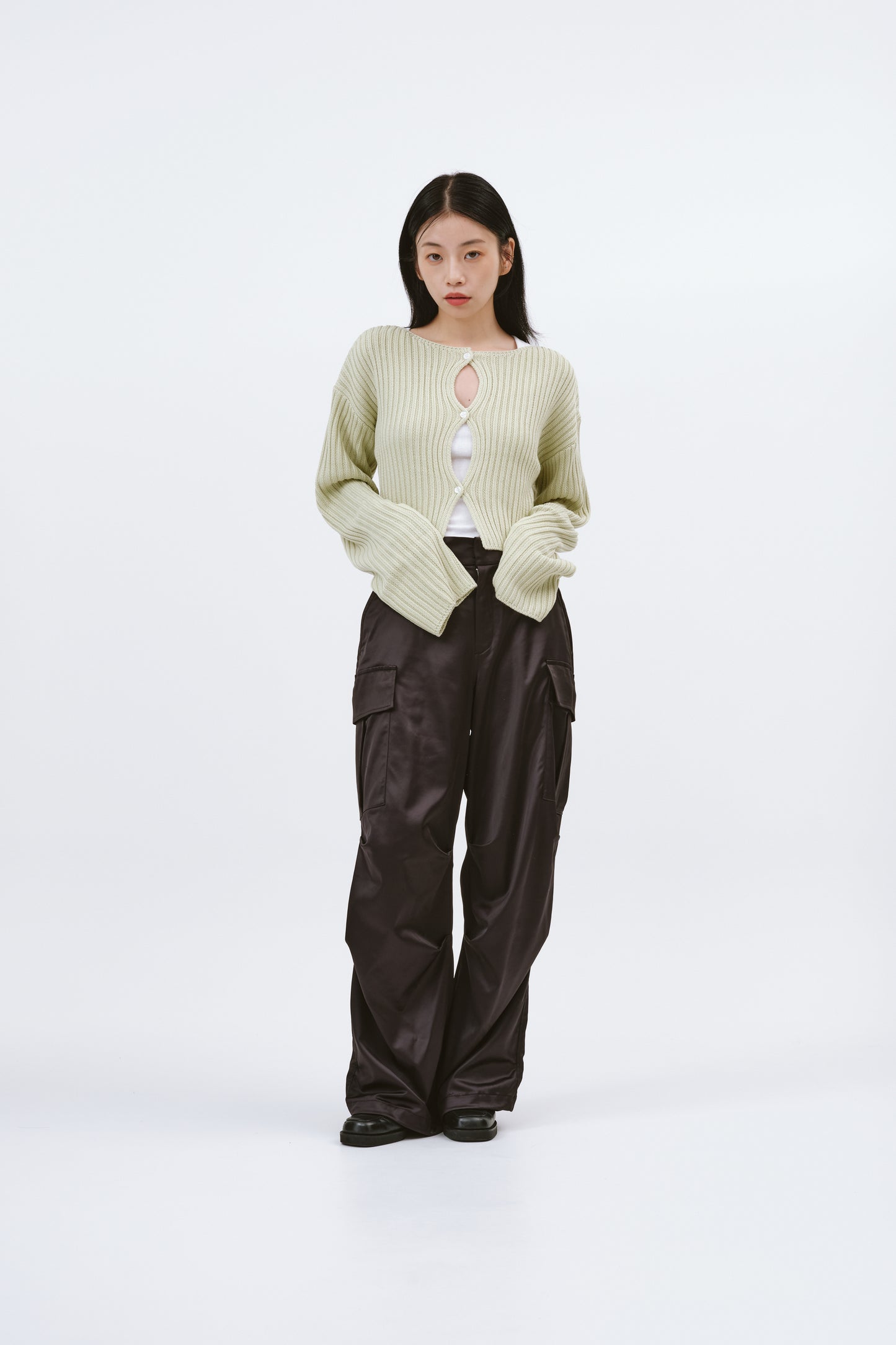 SATIN CARGO PANTS/BLACK