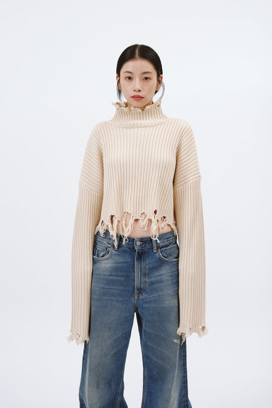 DAMAGE HIGH NECK KNIT/BEIGE