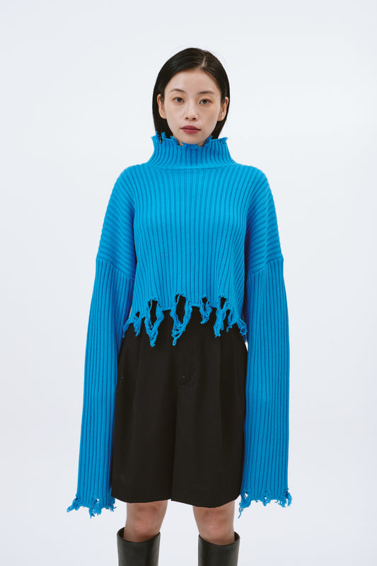 DAMAGE HIGH NECK KNIT/BLUE