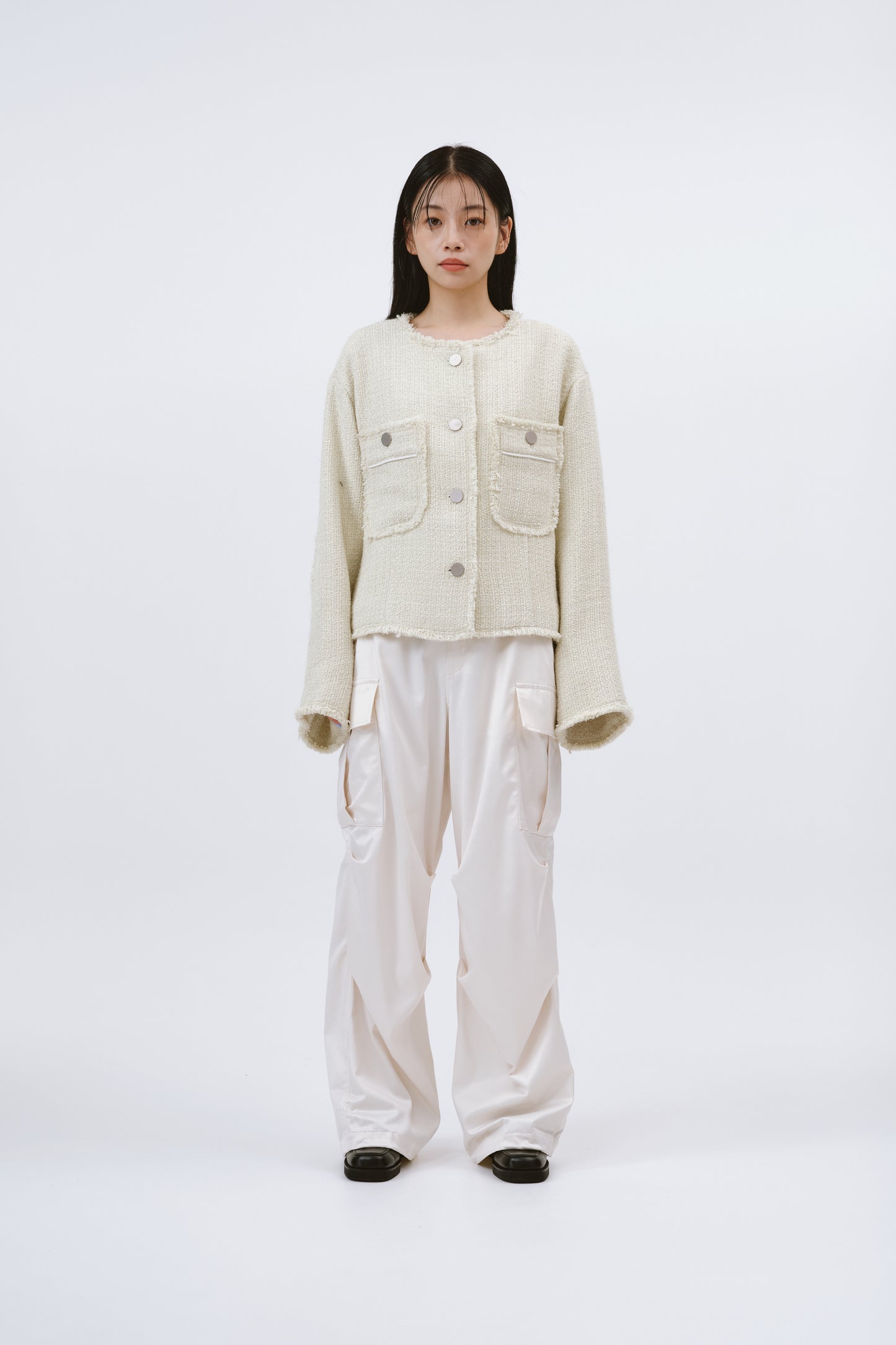 SATIN CARGO PANTS/WHITE