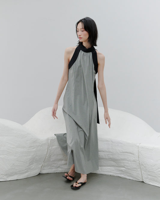 HALTER NACK CHECK DRESS/BEIGE