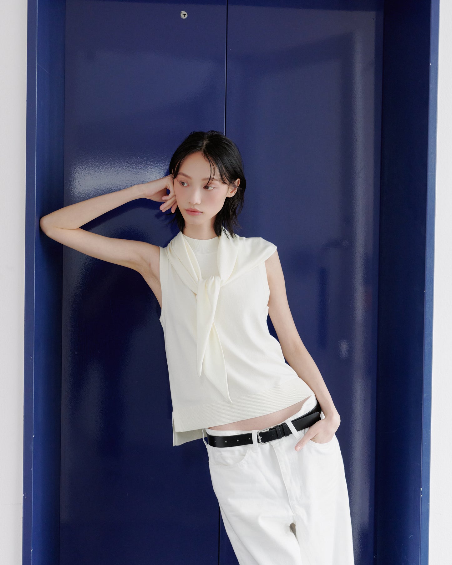SCARF KNIT TOPS/WHITE