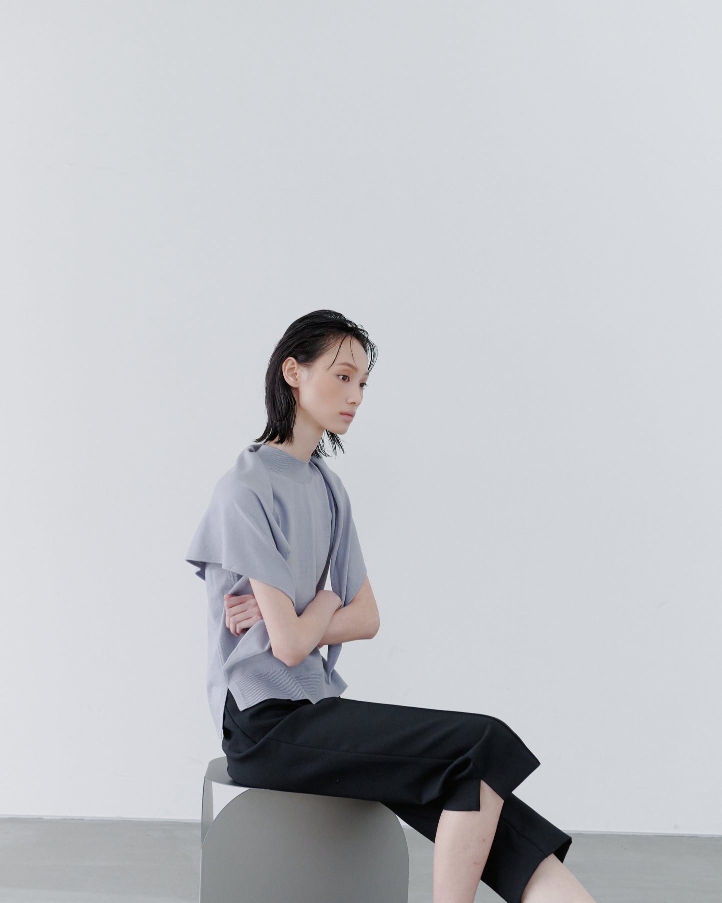 SCARF KNIT TOPS/GRAY