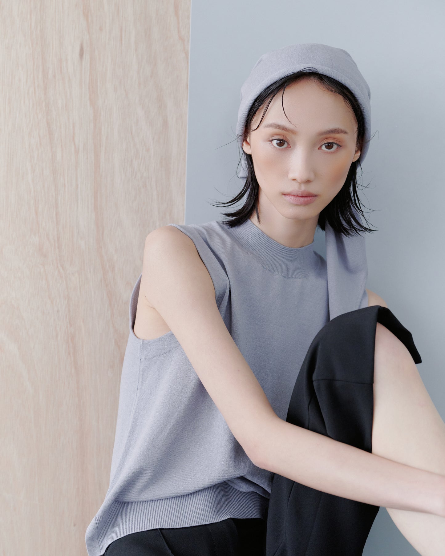 SCARF KNIT TOPS/GRAY
