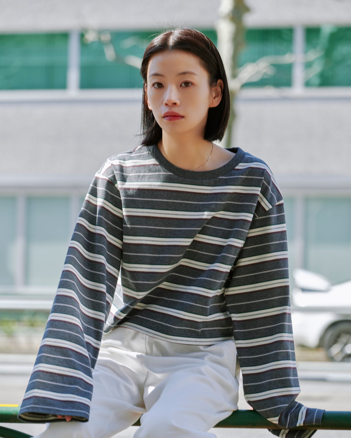 BORDER TEE/D.GRY